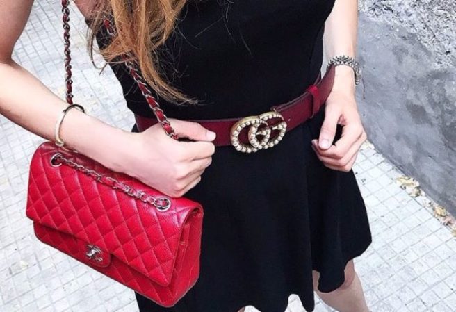 red gucci belt with pearls