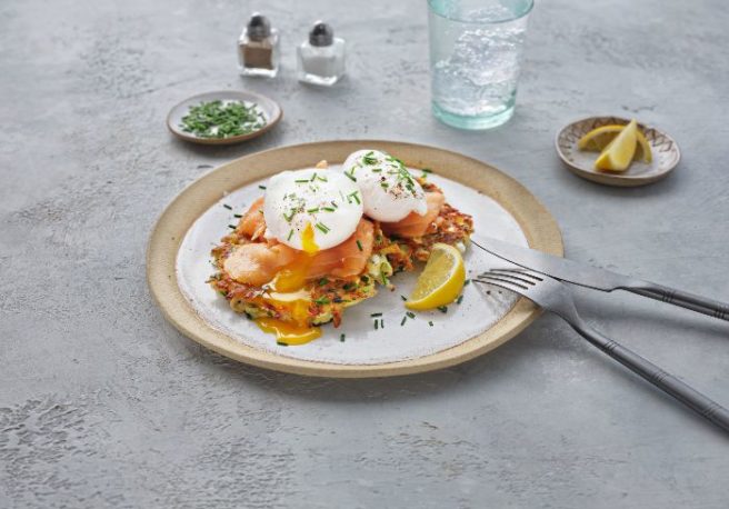 Brunch time: Potato-cheese fritters, smoked salmon & poached eggs