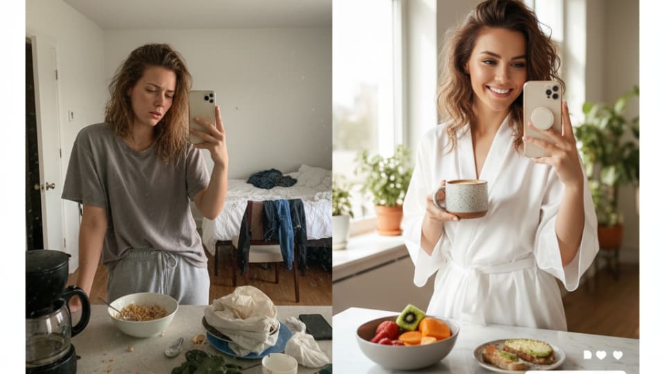 Split screen showing a woman's real messy morning routine versus her polished Instagram story of the same morning