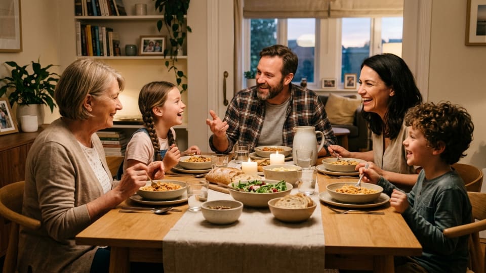 image to support this article about breaking phone addiction habits. image showing a family interacting at dinner table and phones are not in view