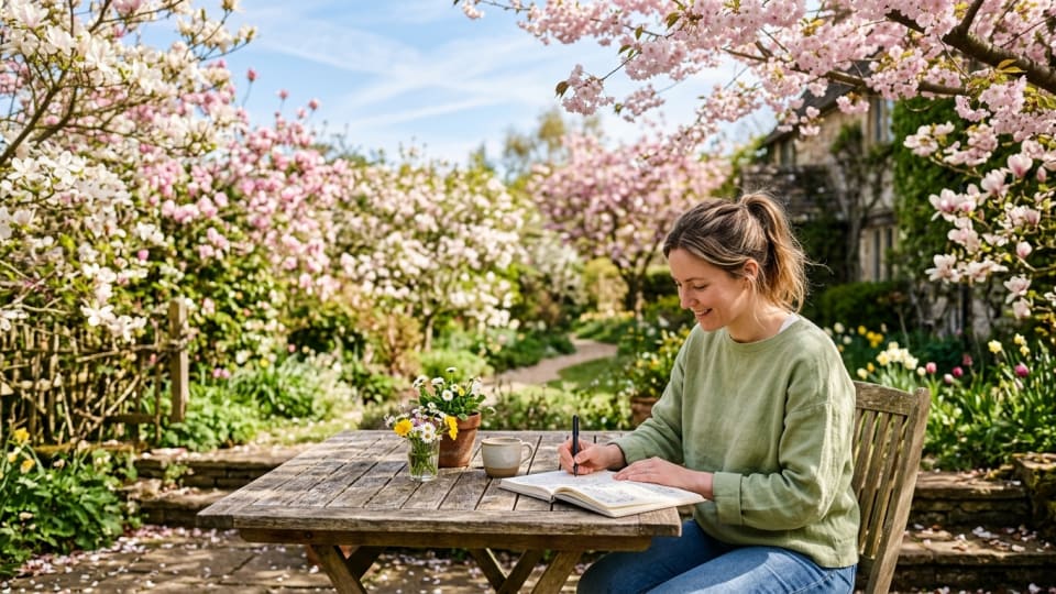 Bright spring morning scene with someone writing in a journal outdoors, surrounded by blooming trees and natural light