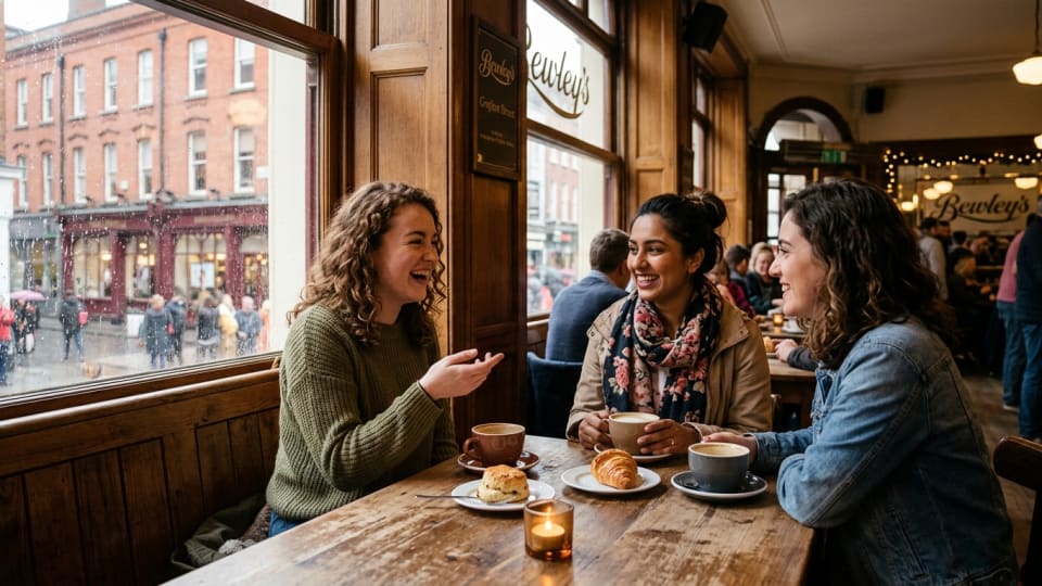 Young women having coffee together in Dublin cafe, having a conversation, represents post-pandemic social reconnection and friendship. mix of nationalities