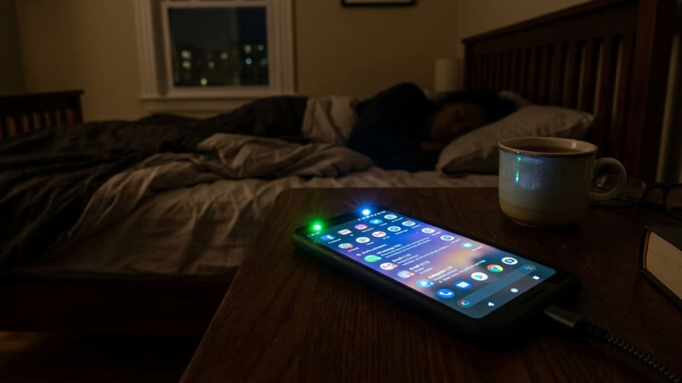 Smartphone on bedside table at night with multiple notification lights, represents digital overwhelm and always-on culture