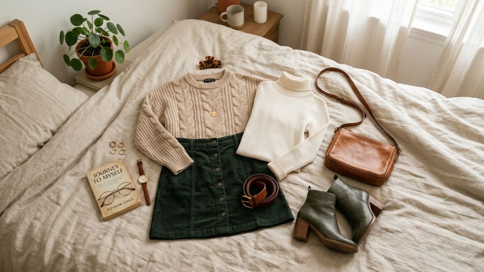 Stylish outfit laid out flat on a bed with accessories arranged aesthetically, shot from above in natural lighting, giving off organized main character vibes