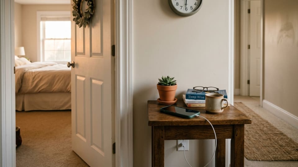 Phone charging on a bedside table outside a bedroom, with warm morning light, suggesting healthy sleep habits and digital wellness