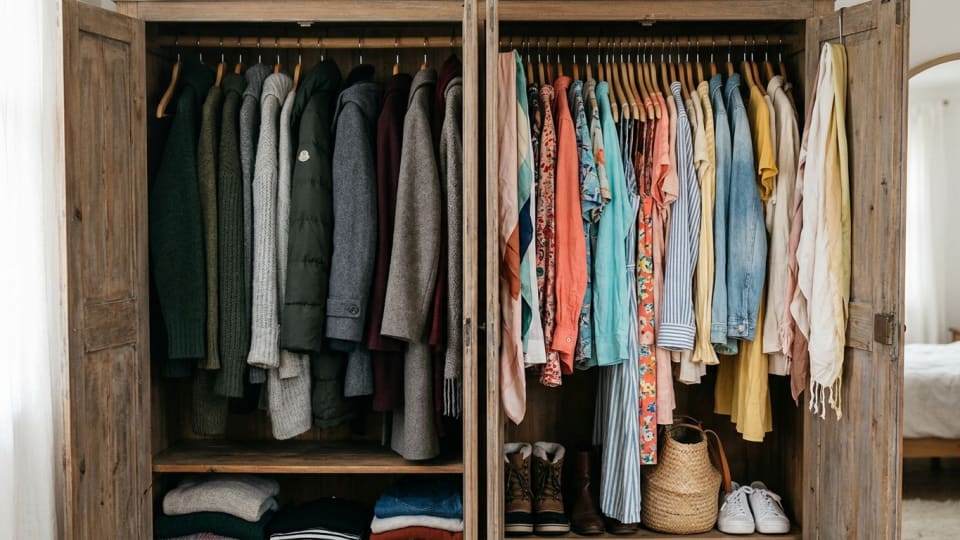 Winter clothes hanging in a wardrobe next to bright spring/summer clothes, representing the seasonal wardrobe transition and pressure to change