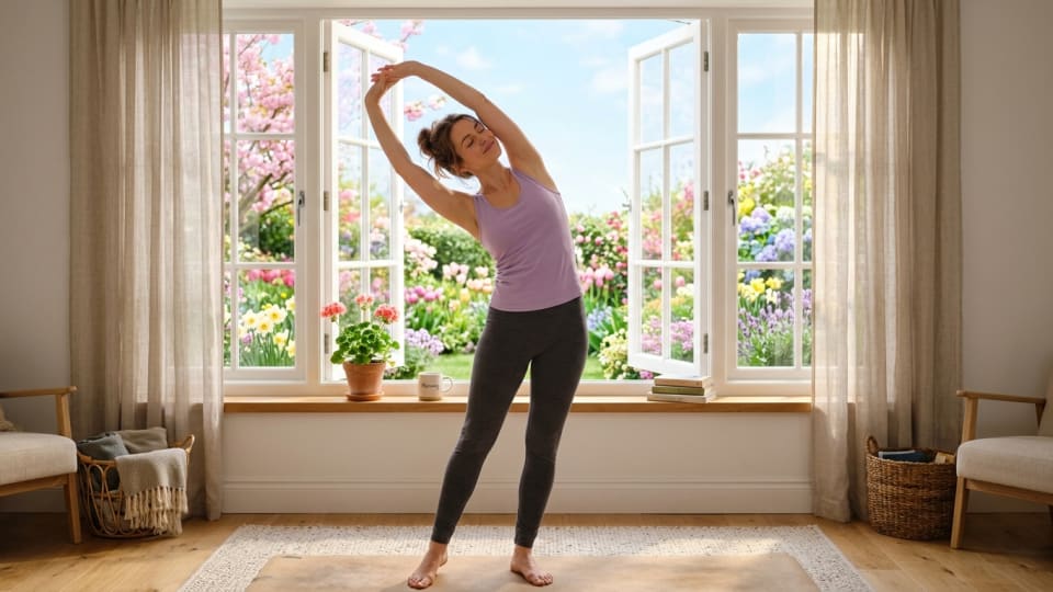 Woman doing gentle morning stretches by an open window with spring flowers visible outside, looking peaceful and refreshed
