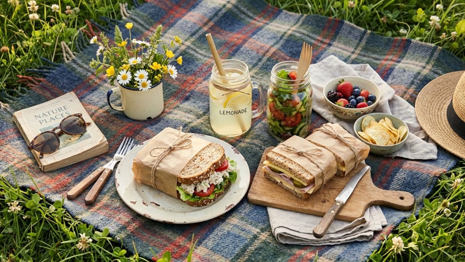 Aesthetic flat lay of a budget picnic setup with vintage blanket, mason jars, and homemade sandwiches artfully arranged in natural lighting
