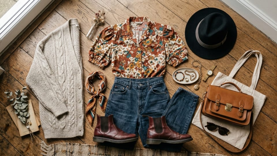 Stylish outfit flat lay featuring charity shop vintage pieces, accessories, and modern styling elements arranged aesthetically. no text