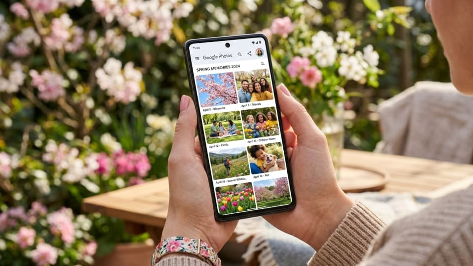 Hands holding a smartphone showing a clean, organized photo gallery with beautiful spring memories