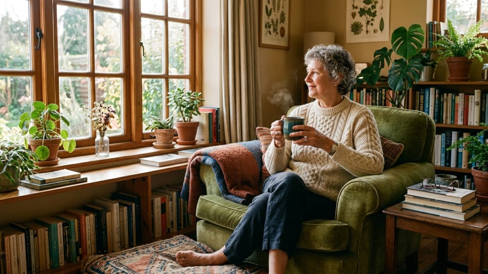 Cozy living room with lady sitting with a cup of tea with natural light streaming through windows, showing various textures and objects for mindful observation