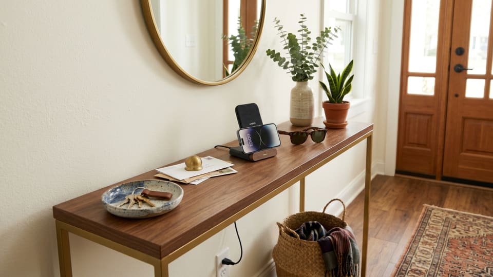 A stylish entryway table with organized essentials - keys in a small ceramic dish, sunglasses, and a phone charging station