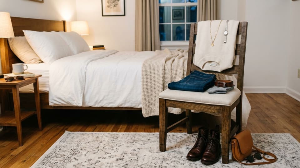 Clothes laid out neatly on a  chair beside a bed - a complete outfit with accessories and shoes arranged beside it, ready for the next day