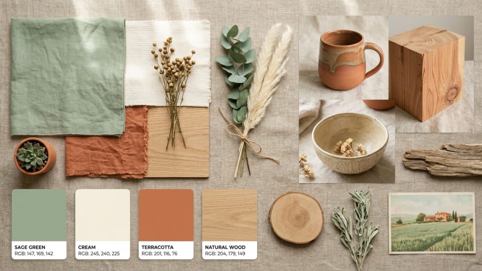 Summer color palette mood board showing sage green, cream, terracotta and natural wood tones. no text