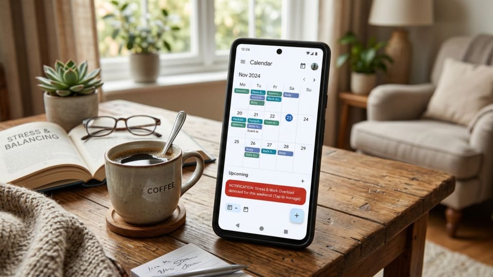 Calendar app on phone screen showing empty weekend with notification stress, surrounded by coffee cup and cozy home setting