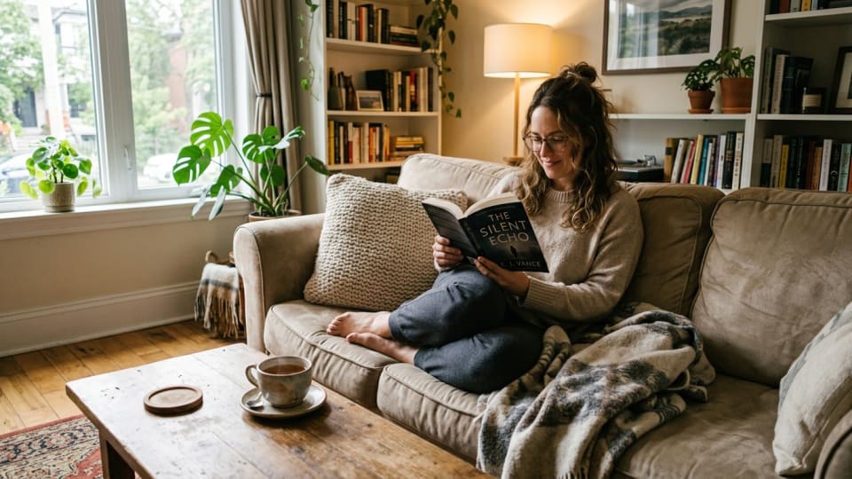 Apartment living room scene with person in comfortable clothes reading a book, tea cup nearby, showing peaceful unplanned relaxation