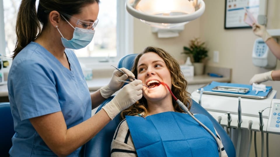 lady in late 20's in dentist chair getting her teeth cleaned
