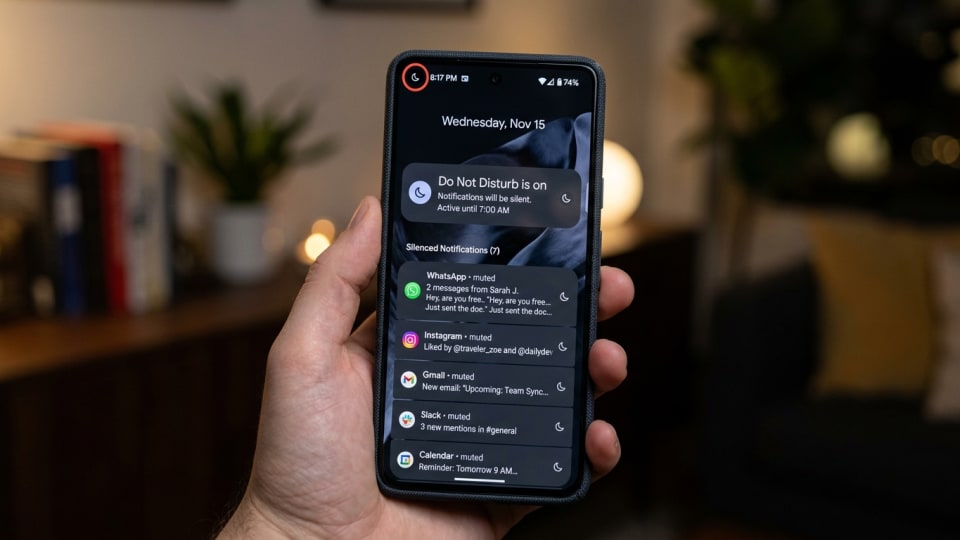 Phone screen showing "Do Not Disturb" mode activated with various app notifications silenced