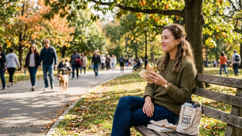 Young woman sitting in a park during lunch break, looking peaceful while eating a sandwich and watching people walk by