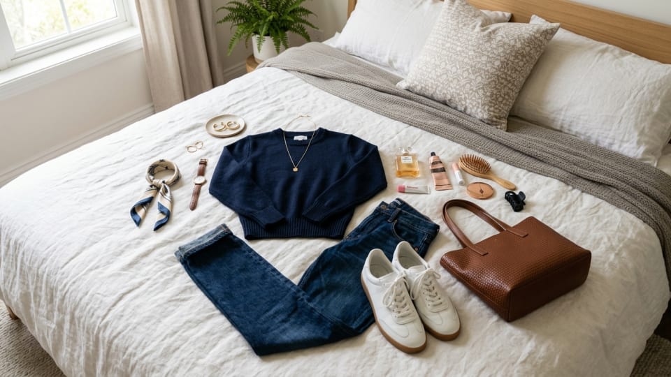 A neatly organized outfit laid out on a bed with accessories, shoes, and beauty products arranged alongside