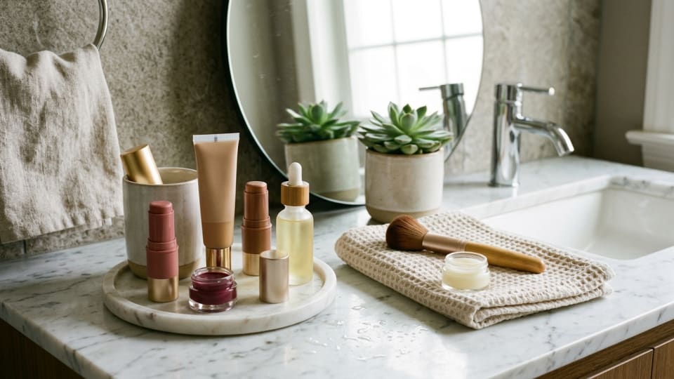 Multi-purpose beauty products like tinted moisturiser, cream blush, and lip tint arranged on a bathroom counter. no branding or text visible