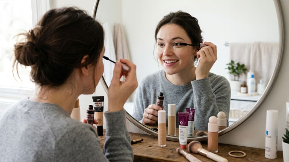 A quick five-minute makeup look being applied, with essential products like concealer, mascara, and tinted lip balm visible
