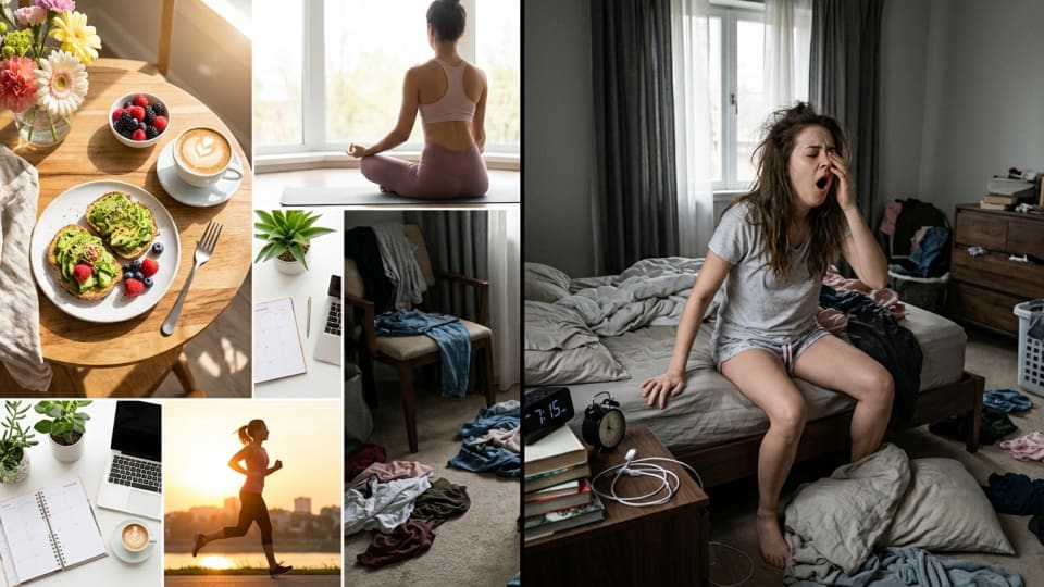 Split screen showing social media feed with perfect morning routines and productivity posts versus reality of a tired person getting out of bed, slightly messy room. no text