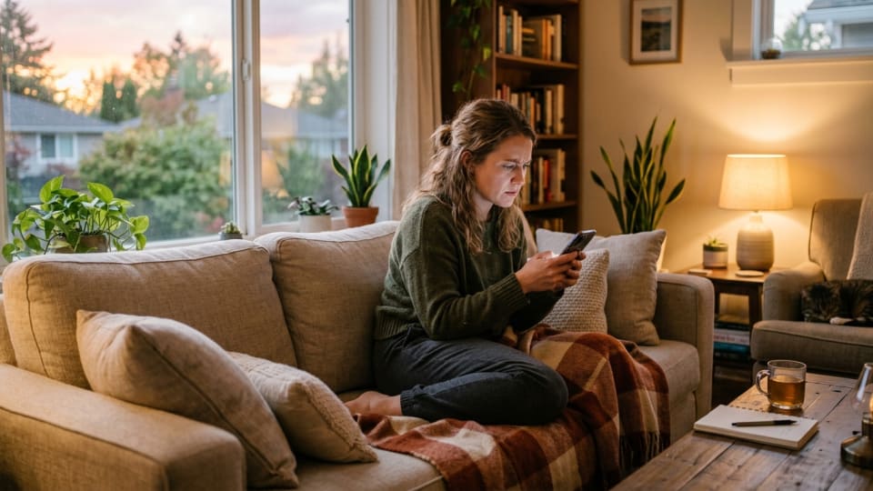 Cozy living room scene with person on sofa looking anxious while scrolling phone, Sunday evening light streaming through window
