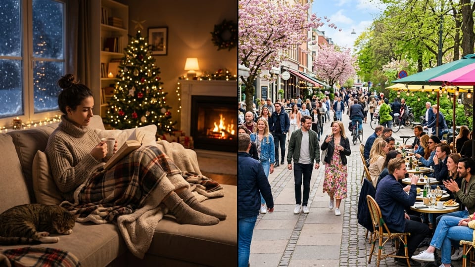 Split screen showing winter hibernation mode vs May social, cozy indoor scene contrasted with busy outdoor social activities. no text on screen