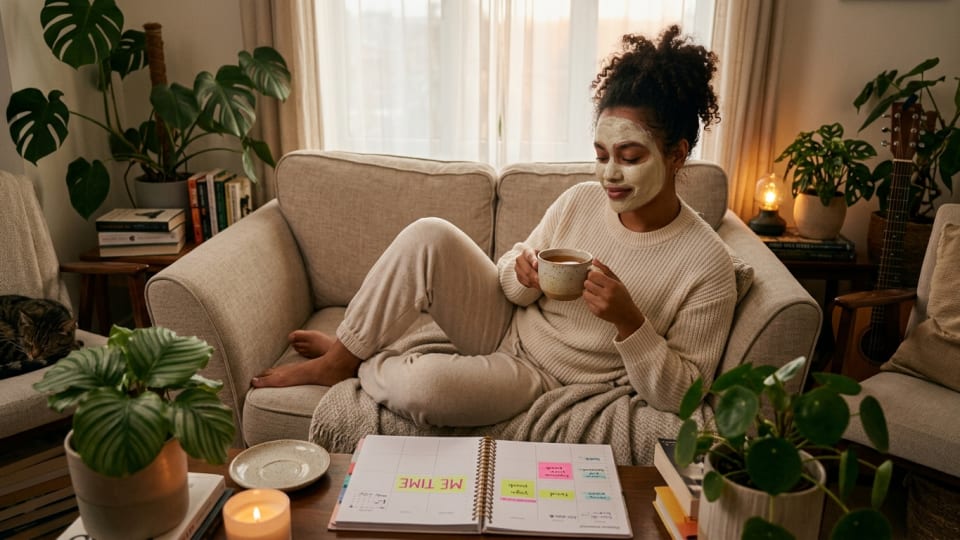 Young woman relaxing at home with a face mask and tea, calendar showing blocked out "me time" slots, peaceful self-care setting