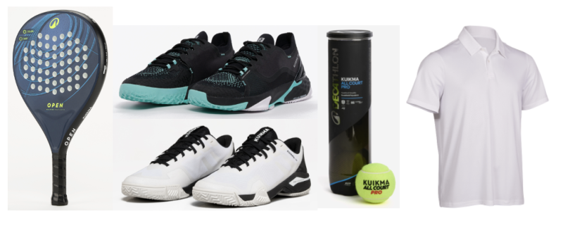 Kuikma padel racket, two pairs of court shoes, All Court Pro ball tube, and a white polo shirt.