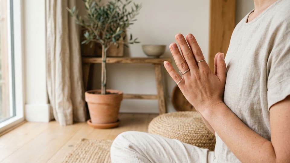 Close-up of a woman's hands in prayer position during meditation, with soft natural lighting and minimalist home decor in the background