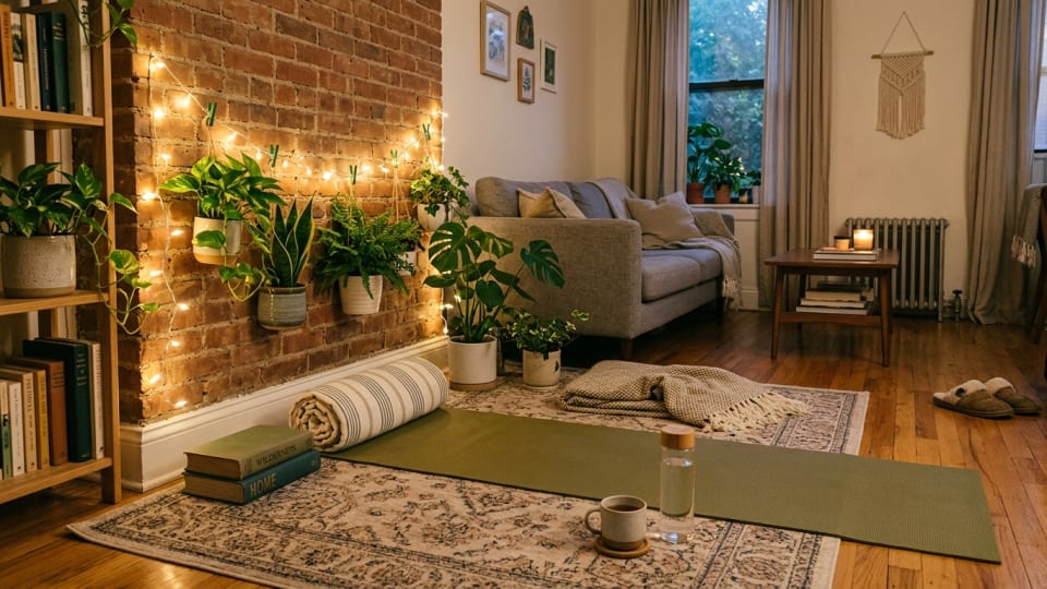 Cosy home yoga setup with fairy lights, plants, a yoga mat, and props made from household items like books and towels. in a normal modest apartment set up
