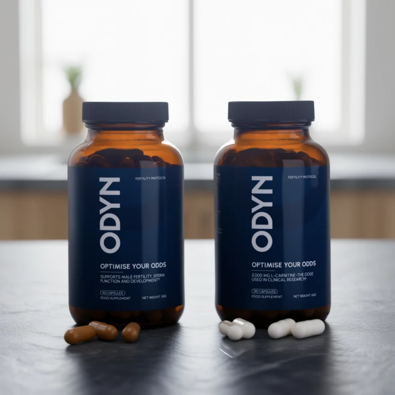 Two ODYN Fertility Protocol supplement bottles with scattered brown and white capsules on a dark surface.