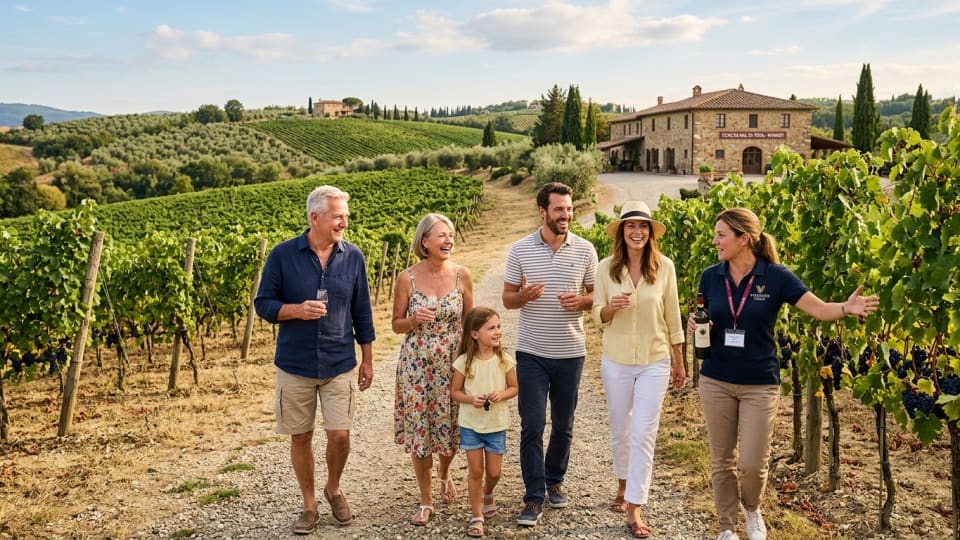 family on holidays on a vineyard doing a wine tour