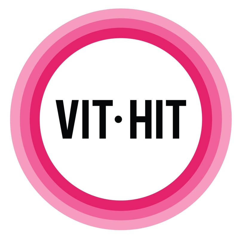 VIT·HIT brand logo with bold black text inside concentric pink and hot pink rings on white.
