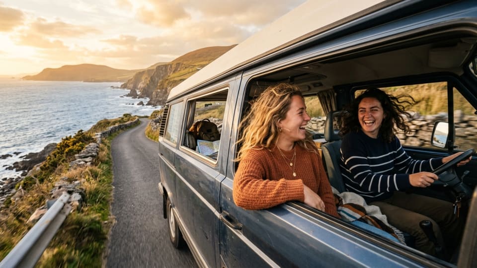 Two young women on a scenic Irish coastal road trip, laughing with windows down, beautiful wild Atlantic coastline in the background, golden hour lighting