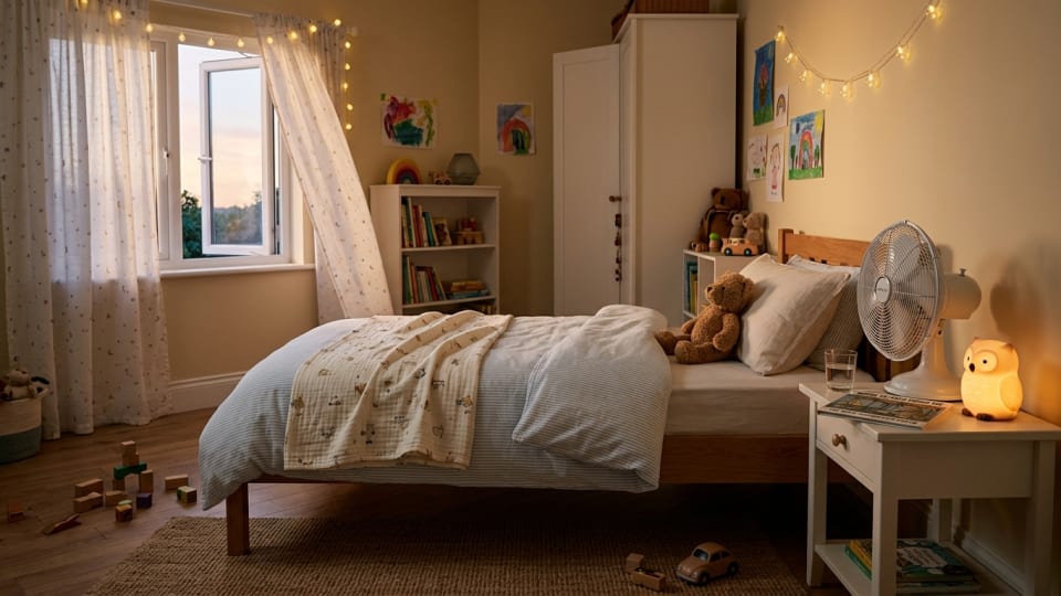 A child's bedroom set up for a warm summer night — light cotton bedding, a small fan on a bedside table, curtains partially closed, soft and calm atmosphere