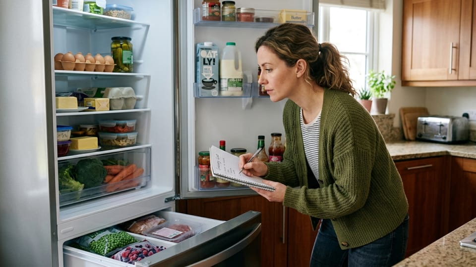 woman looking into her open fridge freezer, holding a notebook and pen (writing a list)