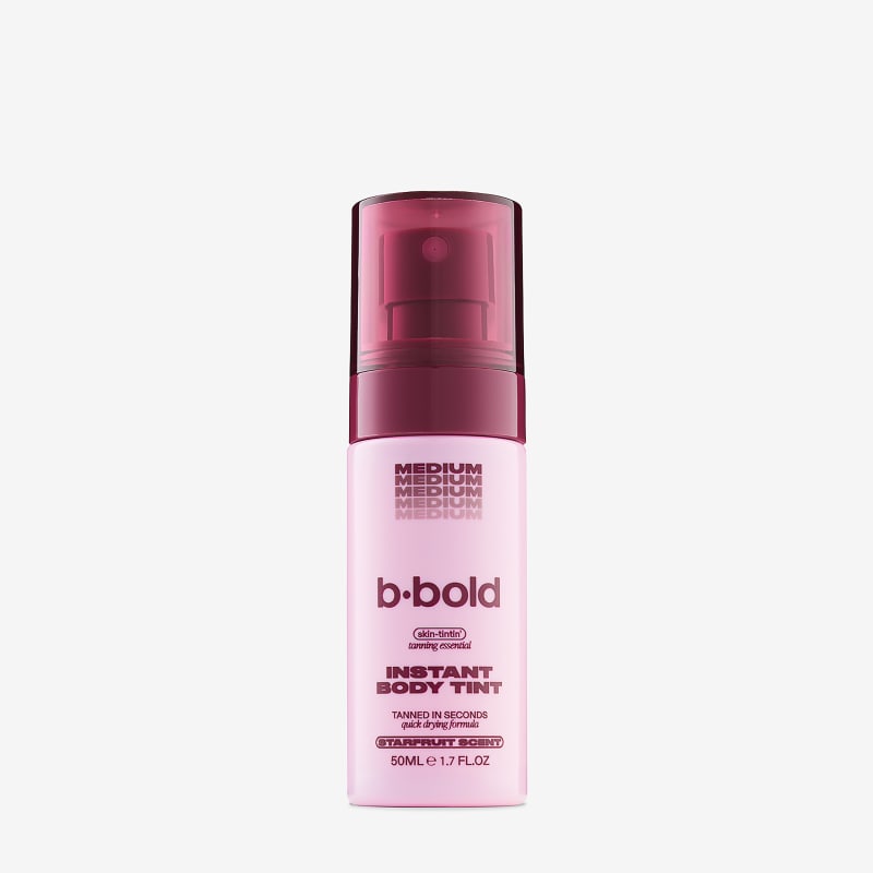 b·bold Instant Body Tint in Medium shade, 50ml pink pump bottle with dark red cap, starfruit scent.