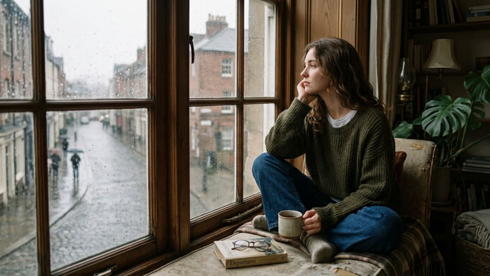 A young woman sitting by a window looking wistfully outside on a grey day, wearing casual clothes, warm nostalgic mood, soft editorial lifestyle photography