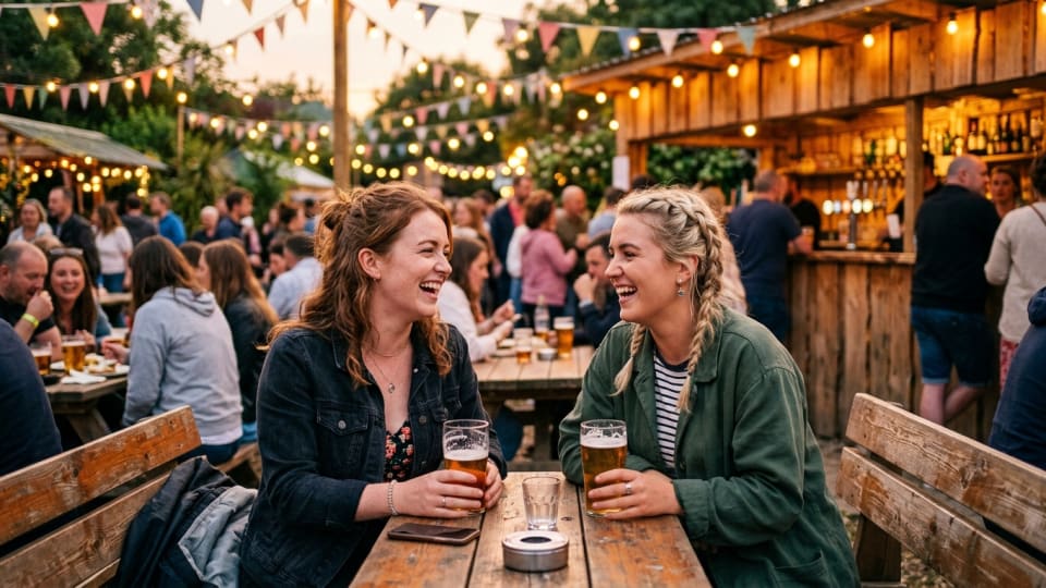 Two young women laughing together at an outdoor bar or festival event in Ireland, summer evening atmosphere, fairy lights, candid fun social setting, warm and vibrant colours. no text or signage