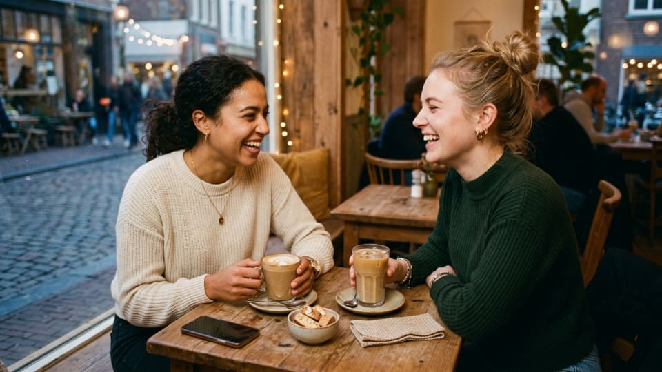 Two young women friends laughing together over coffee at a café table, warm tones, lifestyle editorial feel, relatable and joyful atmosphere