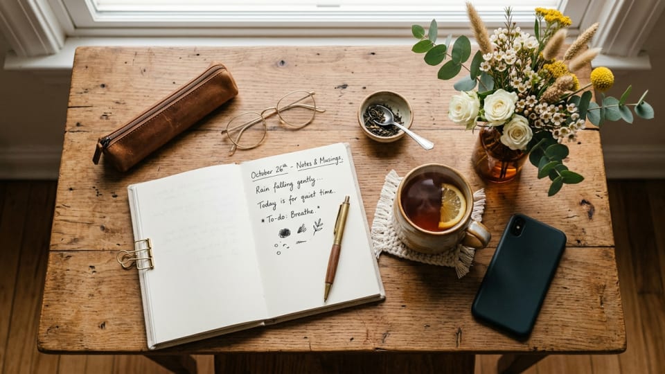 A cosy flat lay of a journal, a cup of tea, some flowers, and a phone switched off face-down on a wooden table, warm tones, aesthetic and inviting