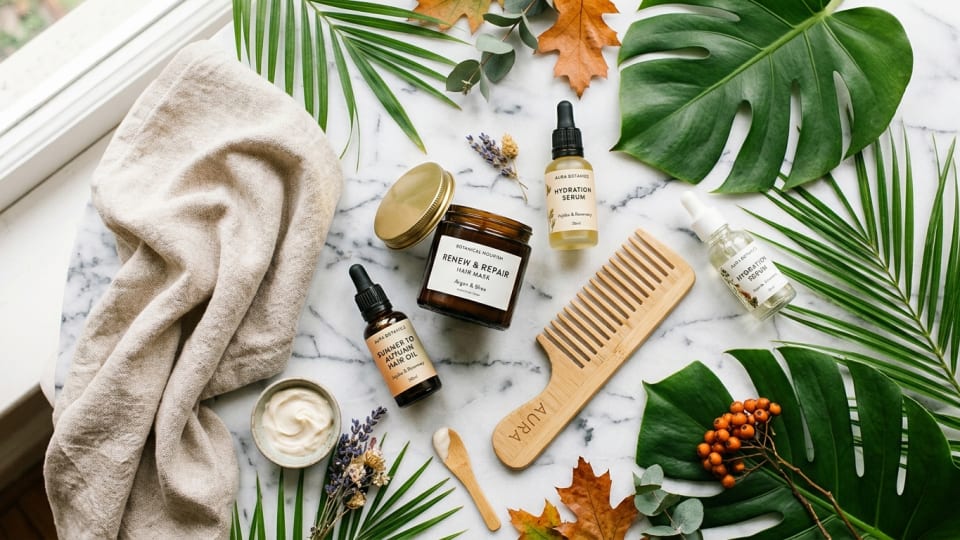 A flat lay of hair care products including hair masks, oils, and a wide-tooth comb on a marble surface, with a towel and tropical leaves for a summer-to-autumn transition feel, bright and editorial