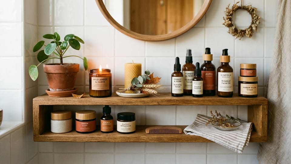 A beautifully organised bathroom shelf with autumn-toned skincare products, candles, and a small plant, warm lighting, clean and aesthetic, styled like a lifestyle Instagram photo
