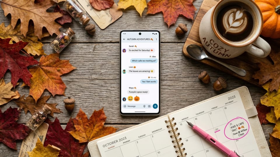 A flat lay of a phone with a lively group chat on screen, surrounded by autumn leaves, a coffee cup, and a planner with dates circled in pink