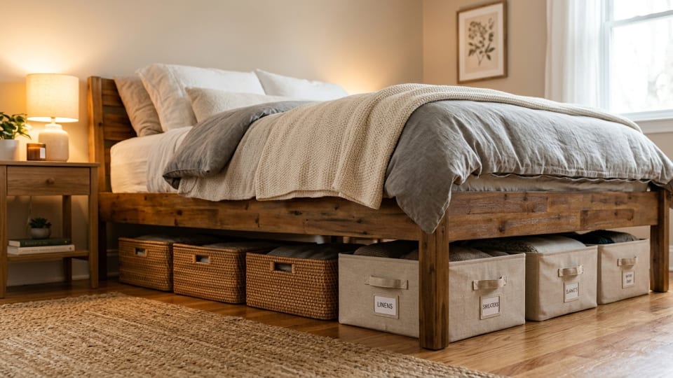 A neatly organised under-bed storage situation with flat wicker or fabric boxes slid beneath a bed frame, cosy bedroom aesthetic with warm lighting and neutral tones