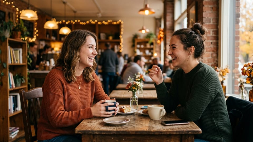 Two young women having a relaxed, genuine conversation over coffee in a cosy café, warm autumn colours, friendly and candid mood