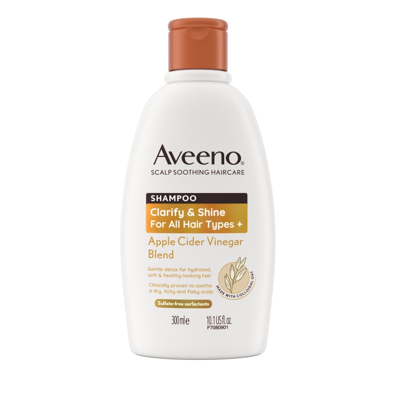 Aveeno Clarify & Shine Apple Cider Vinegar Blend Shampoo, 300ml bottle with terracotta cap.